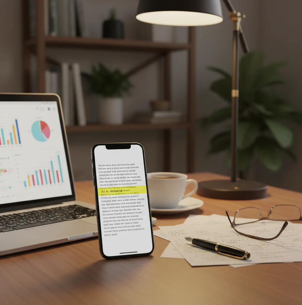 Hands reviewing AI detection scores with highlighted sentences on a phone and laptop