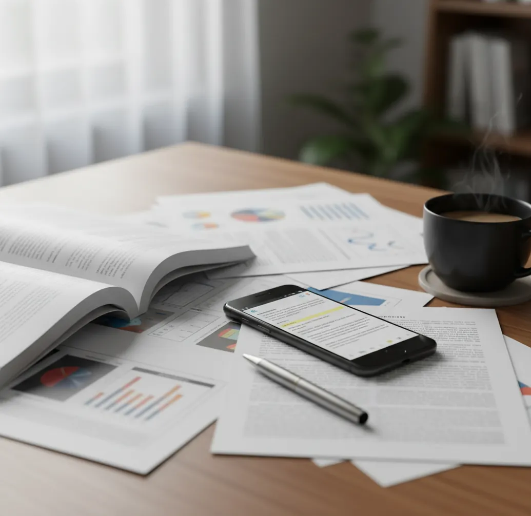 Student reviewing an essay draft on a phone with highlighted sentences and notes nearby