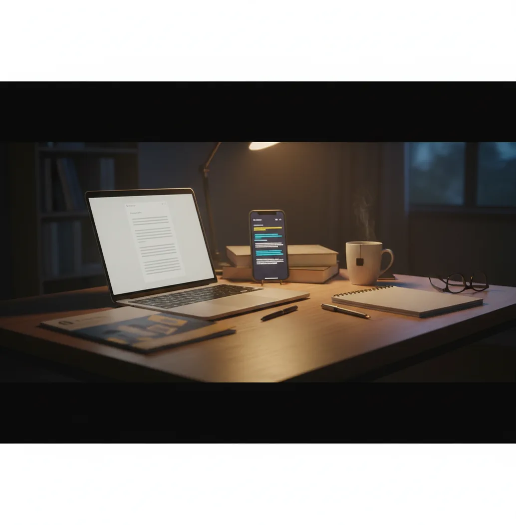 Student reviewing an essay draft on a phone while comparing highlighted sentences on a laptop