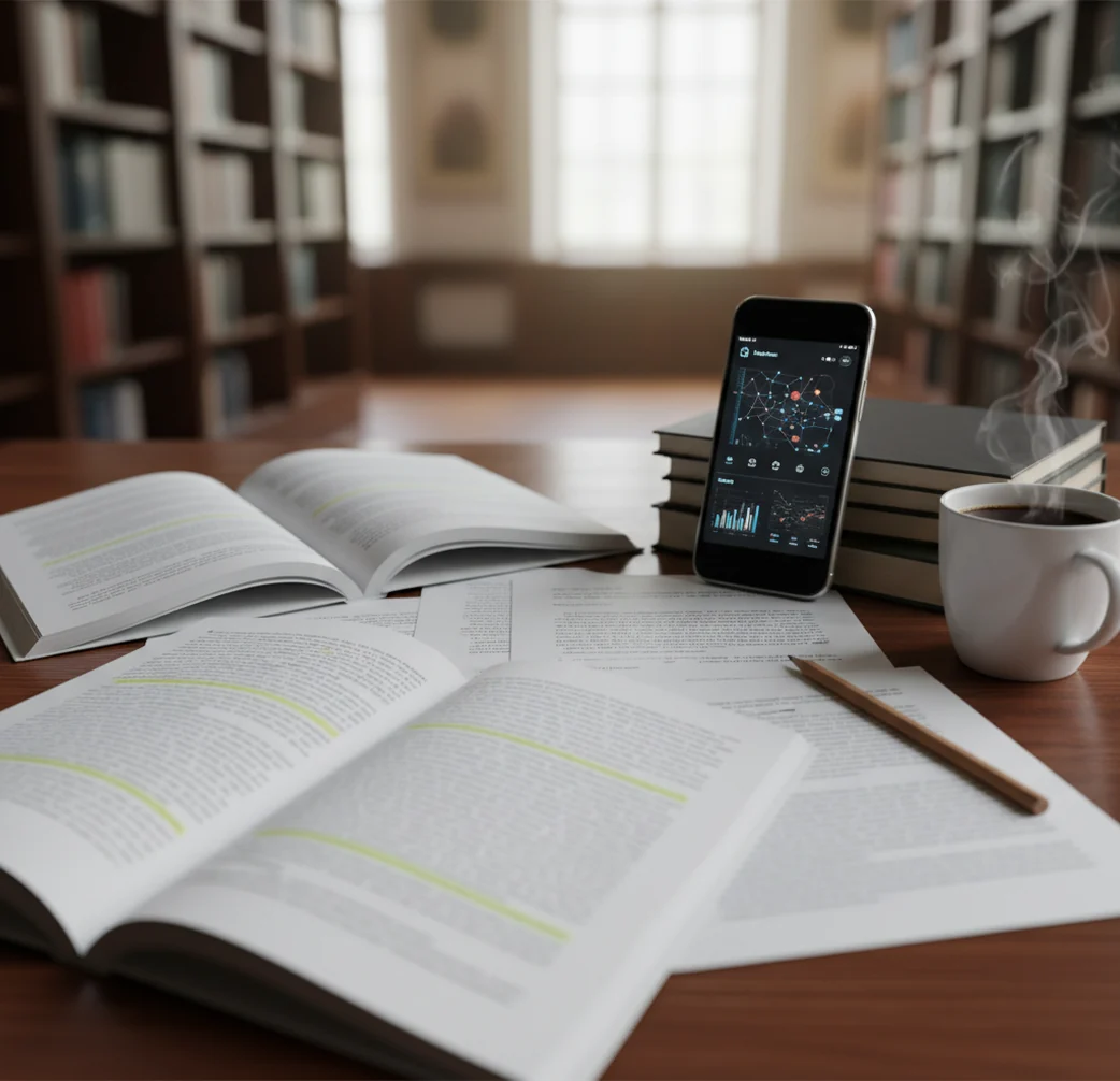 Phone beside printed manuscript with highlighted sentences and an open laptop in a quiet library