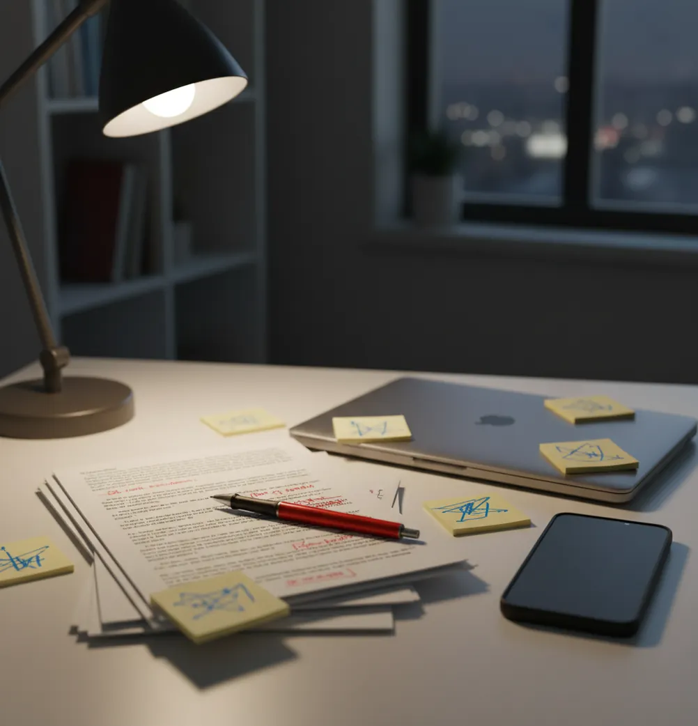Student editing a printed essay with red pen beside an iPhone showing a rewrite screen
