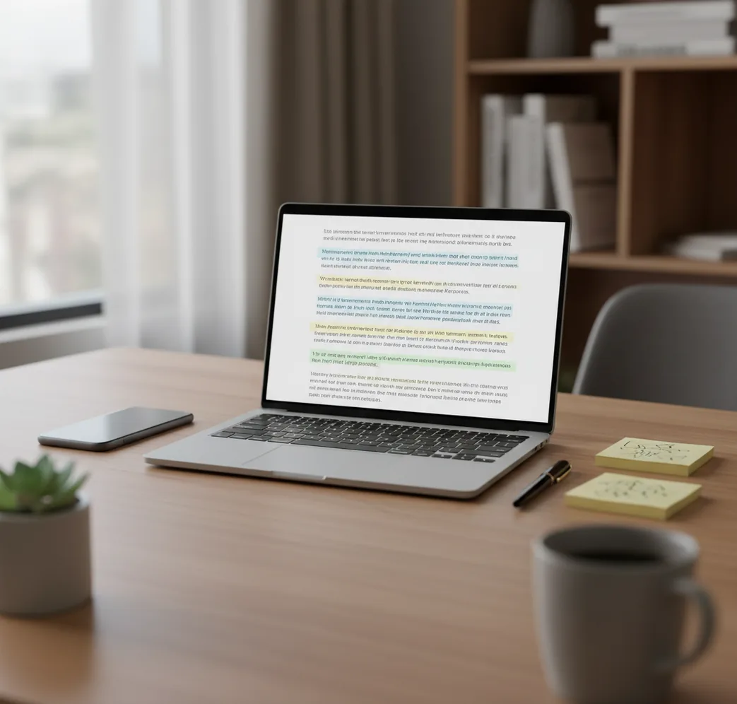 Phone showing highlighted sentences beside a laptop report comparing two AI detection results.