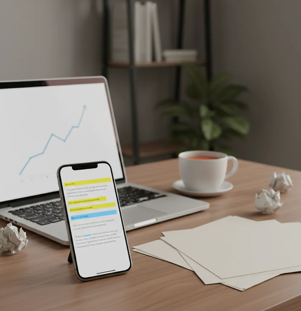 Phone scanning a document beside a laptop with AI detection results highlighted