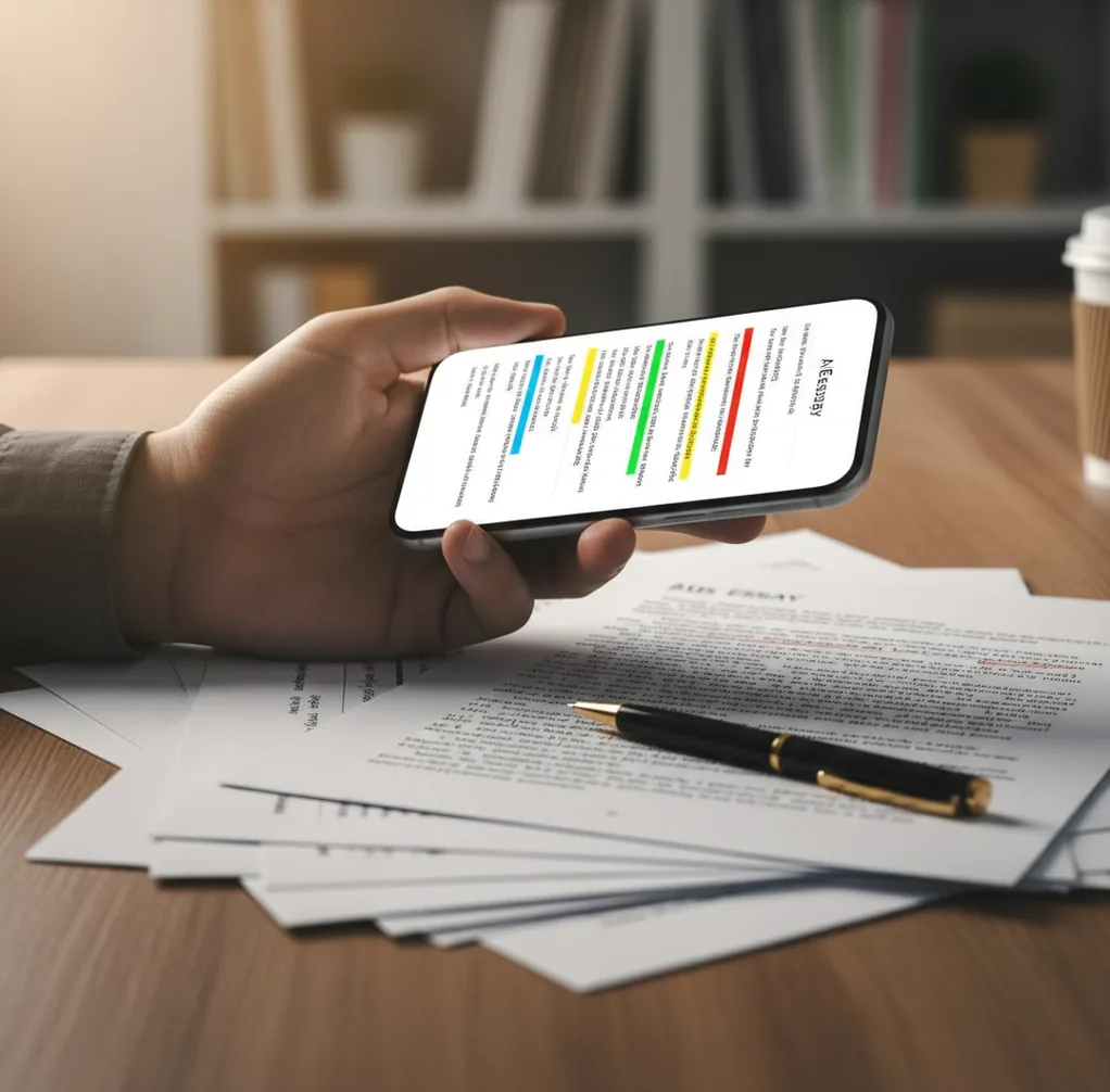 Phone screen showing sentence-level AI detection highlights on a short essay draft