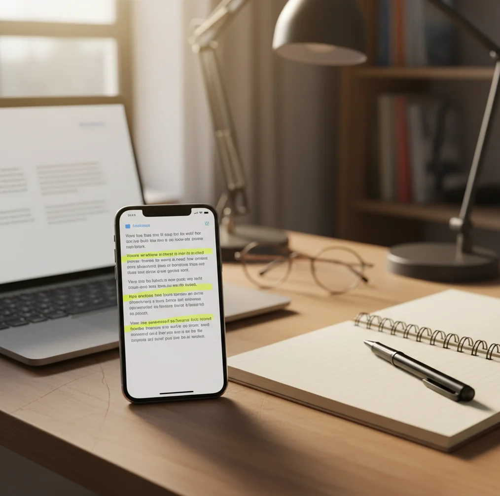 Person reviewing a document on a phone with highlighted sentences indicating AI probability scores