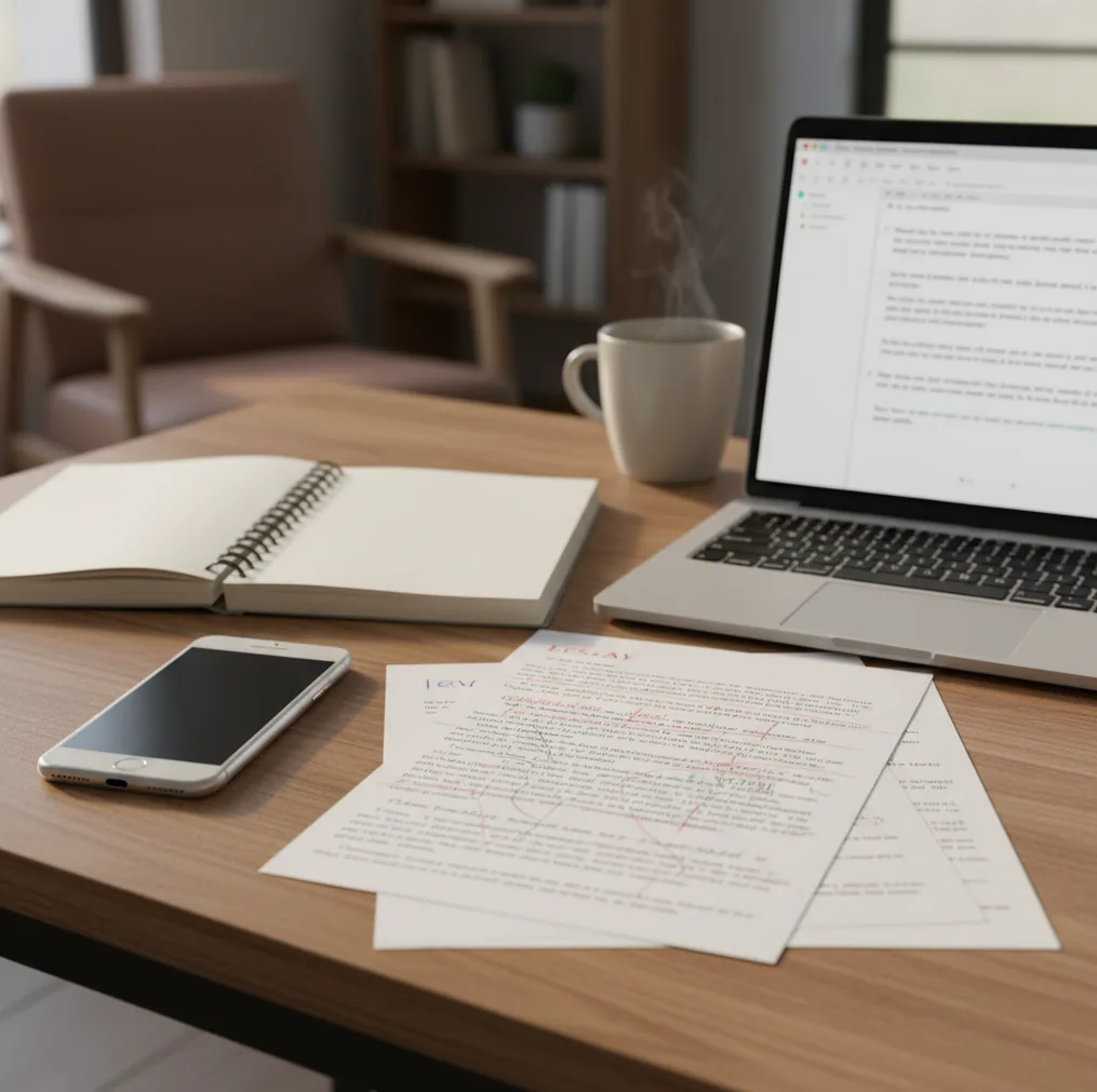 Phone editing a draft with highlighted sentences showing tone shifts and rewritten lines