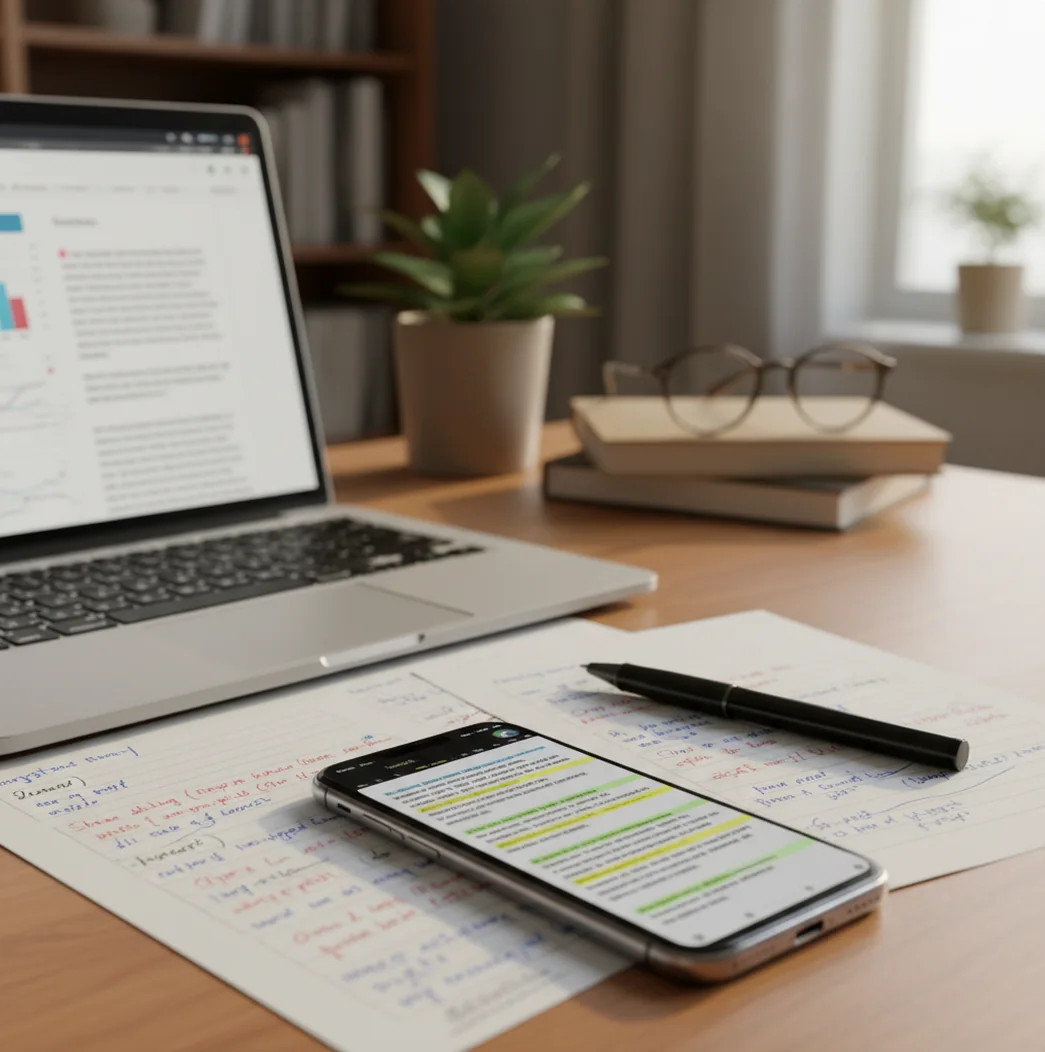 Phone scanning a document with highlighted sentences beside a laptop and marked-up notes