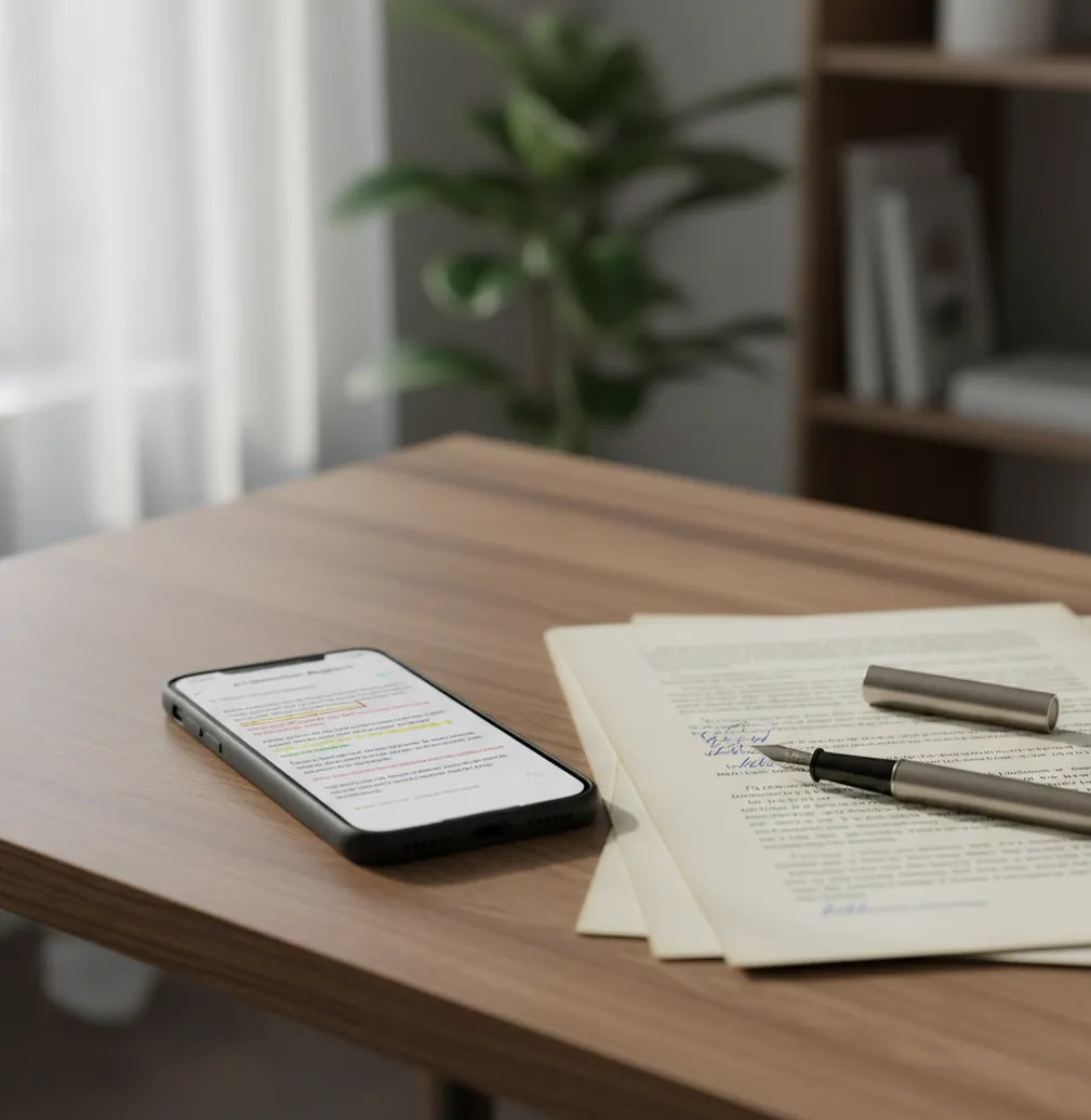Phone showing a sentence-by-sentence AI score beside a Claude-style paragraph on a desk