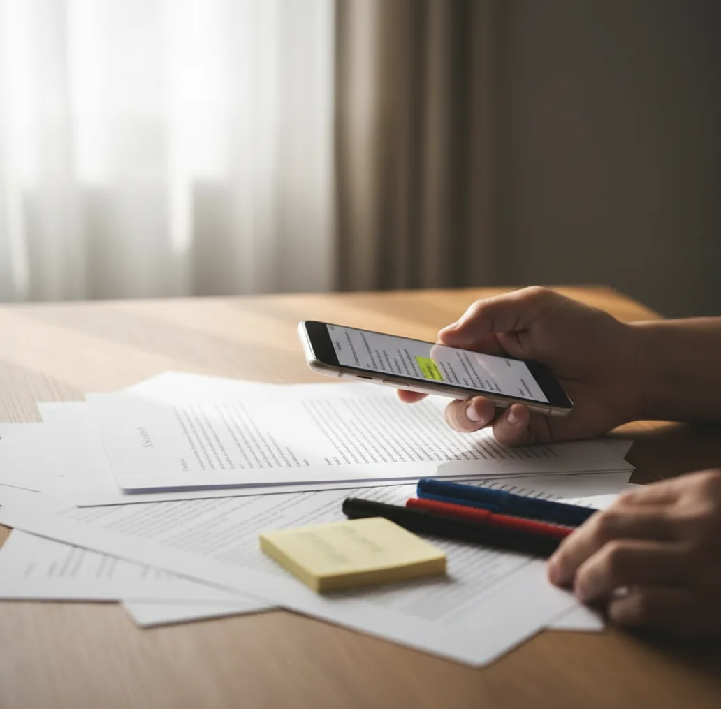 Phone screening a document with highlighted sentences showing mixed AI and human confidence.