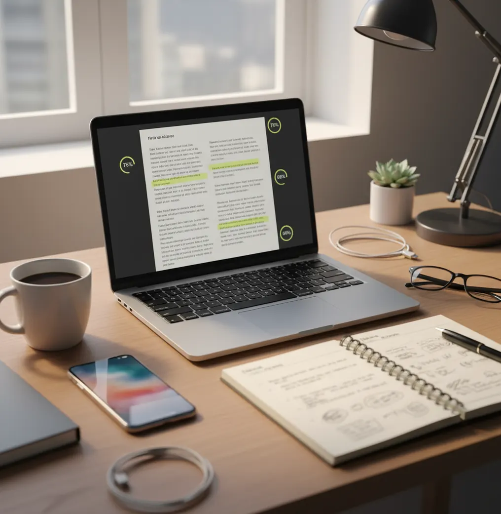Phone and laptop beside a marked-up essay with highlighted sentences and confidence scores