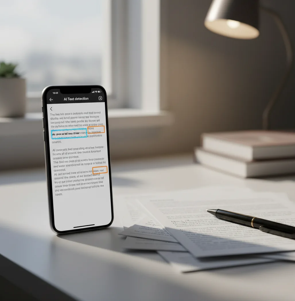 Phone scanning an essay with highlighted sentences and confidence scores on screen