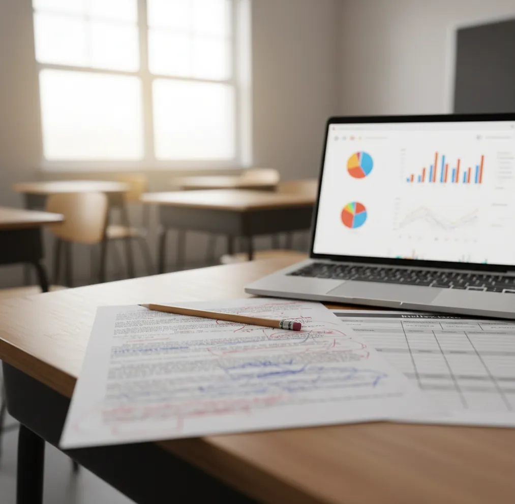 Printed essay with teacher notes beside a laptop showing an AI detection summary report