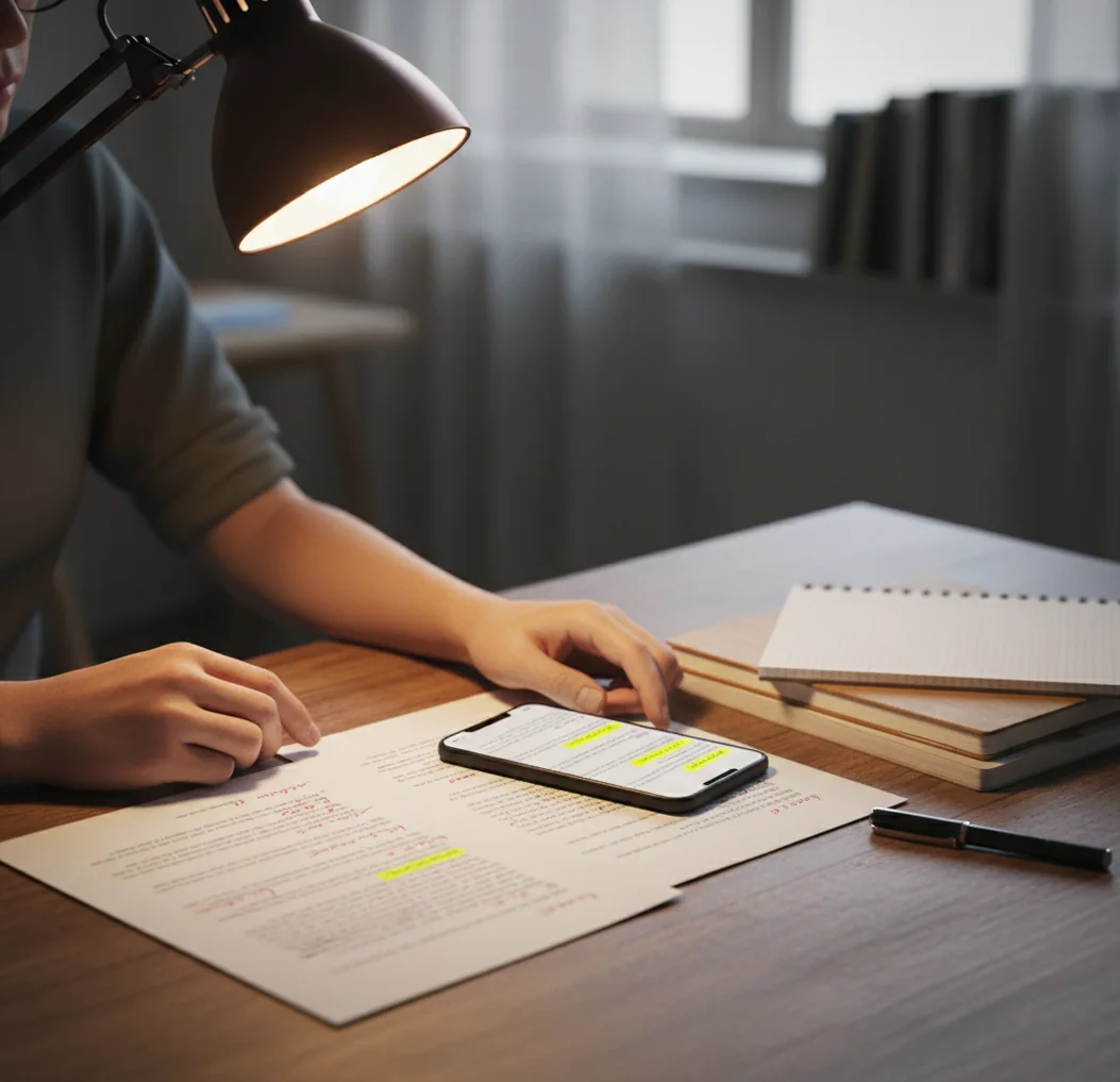 Phone screen showing a document with highlighted sentences and AI likelihood percentages