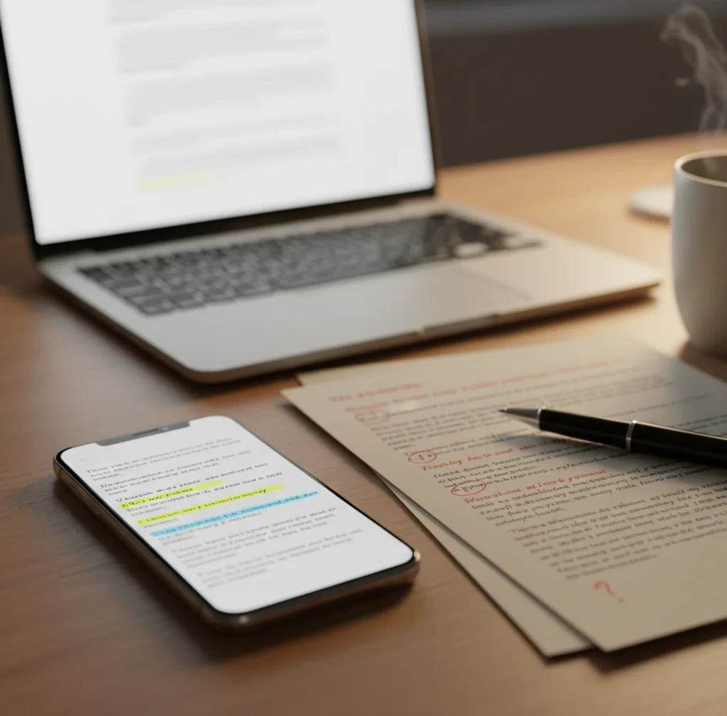 Person reviewing a document on a phone with highlighted sentences and a laptop nearby