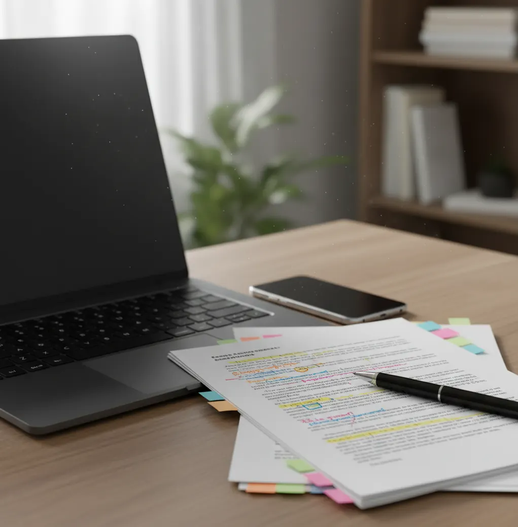 Phone screen reviewing a document with highlighted sentences and AI likelihood markers on a desk