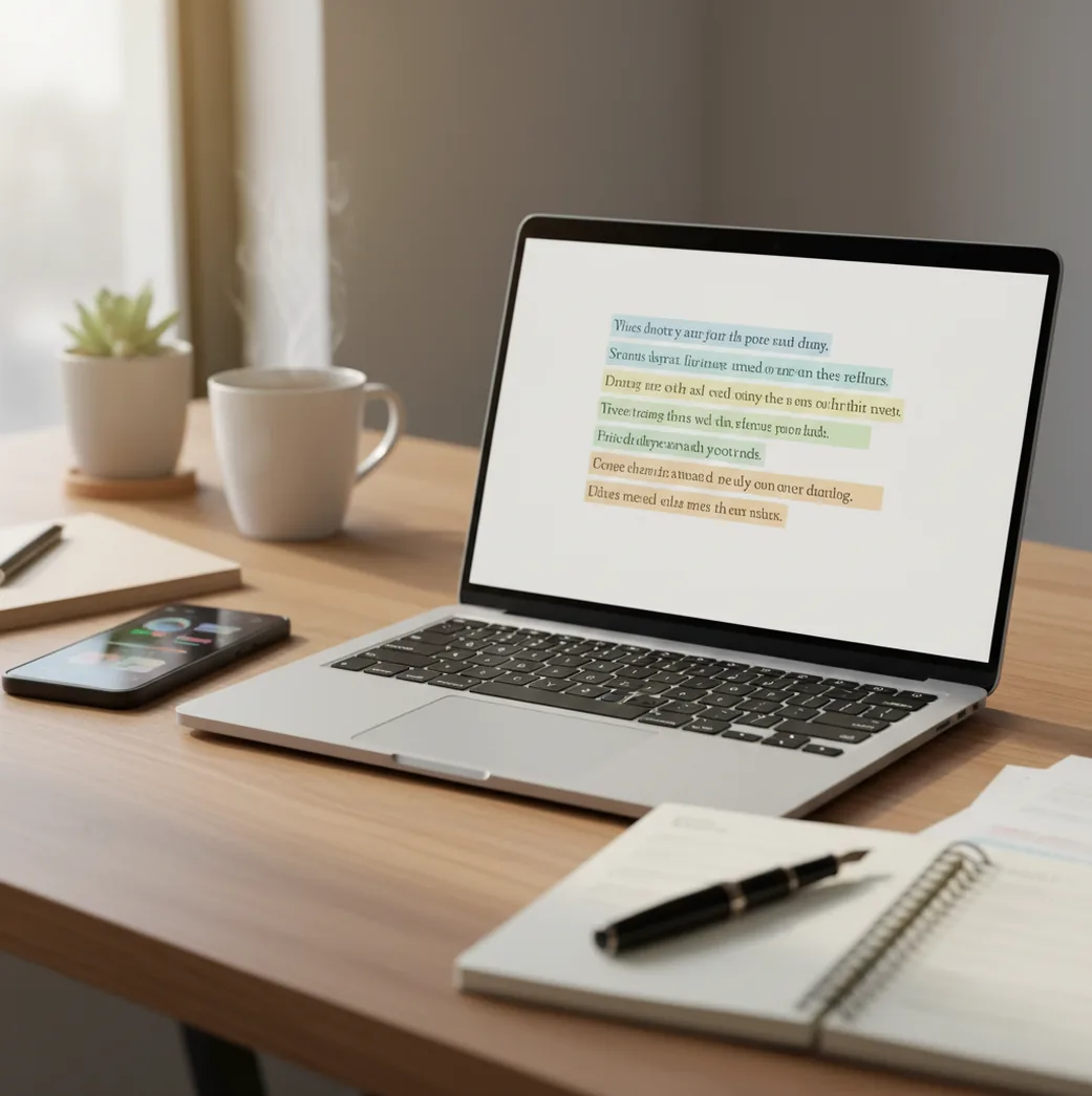 Phone screen checking a pasted paragraph, with sentence-level highlights on a desk