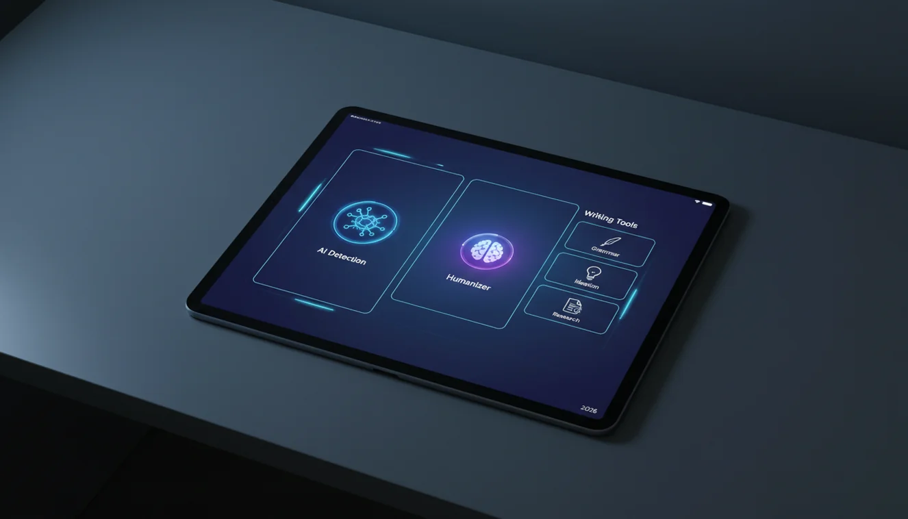 AI detector app with writing tools displayed on iPad